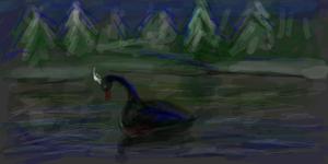 Чёрный Лебедь в исполнении Алексея Селезнёва. Белое перо великолепно играет с общей тёмной гаммой сюжета. Спасибо за рисунок!